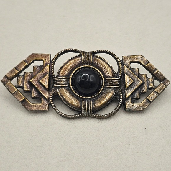 Jewelry - Art Deco Style Brooch Glass Cabochon Black Bronze Tone 2.75" Pin Geometric